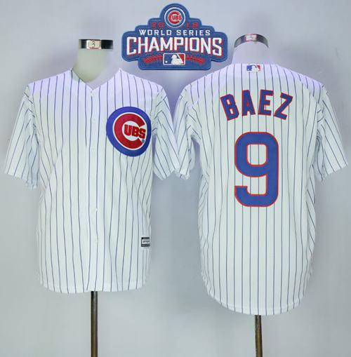 Cubs #9 Javier Baez White(Blue Strip) New Cool Base 2016 World Series Champions Stitched MLB Jersey - Click Image to Close